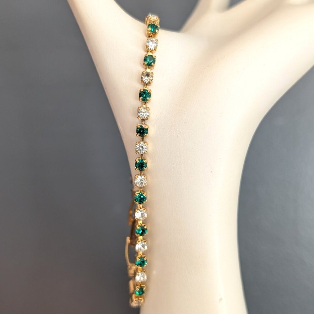 Vintage delicate faux emerald and faux diamond tennis bracelet